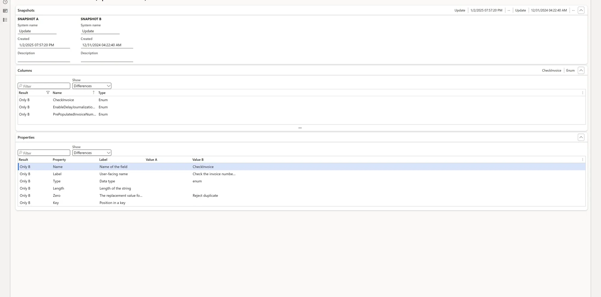 A ConfigCompare structure comparison showing columns added between two application versions, with each column's data type, label, length and key position.