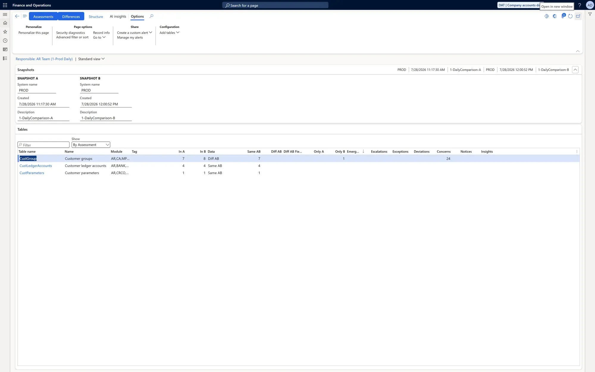 A ConfigCompare comparison filtered to a single responsible team, showing only the tables that team owns.