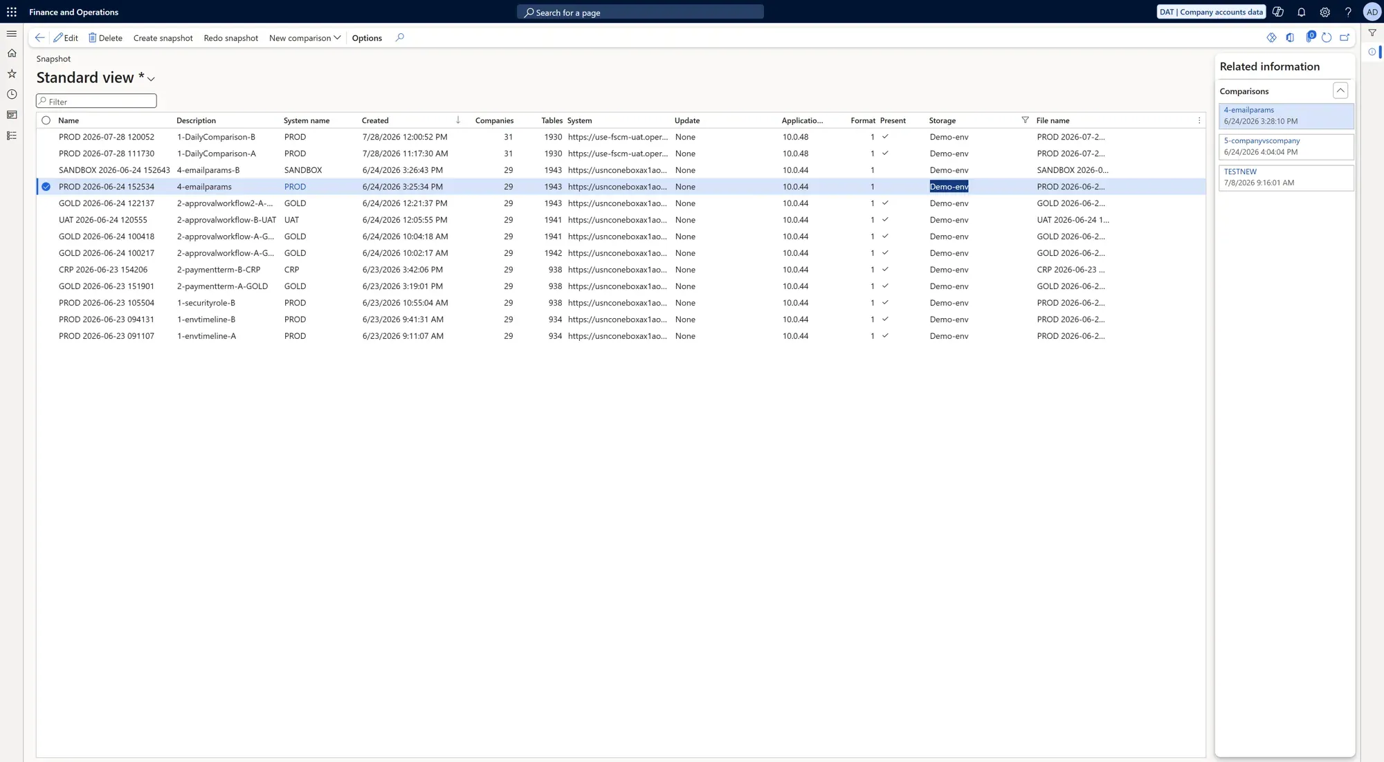A list of ConfigCompare Snapshots captured from several Dynamics 365 environments over time.